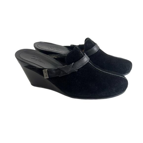 Cole Haan Black Suede Stitched Leather Mules Clogs Size 9.5 Wedge Hill Slip On - Picture 1 of 11
